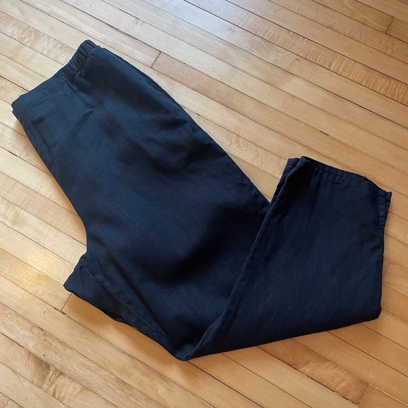 FLAX Classic Linen Pull On Pants Flat Front Elastic Waist Vent Hem Lagenlook - Picture 1 of 12